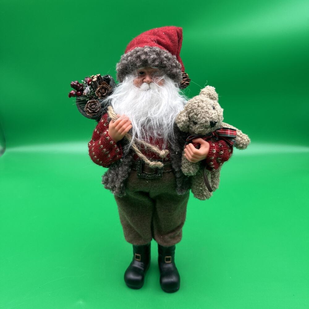 St Nicholas Square 12" Santa Holding Bear & Forrest Green Sack Holiday Figurine